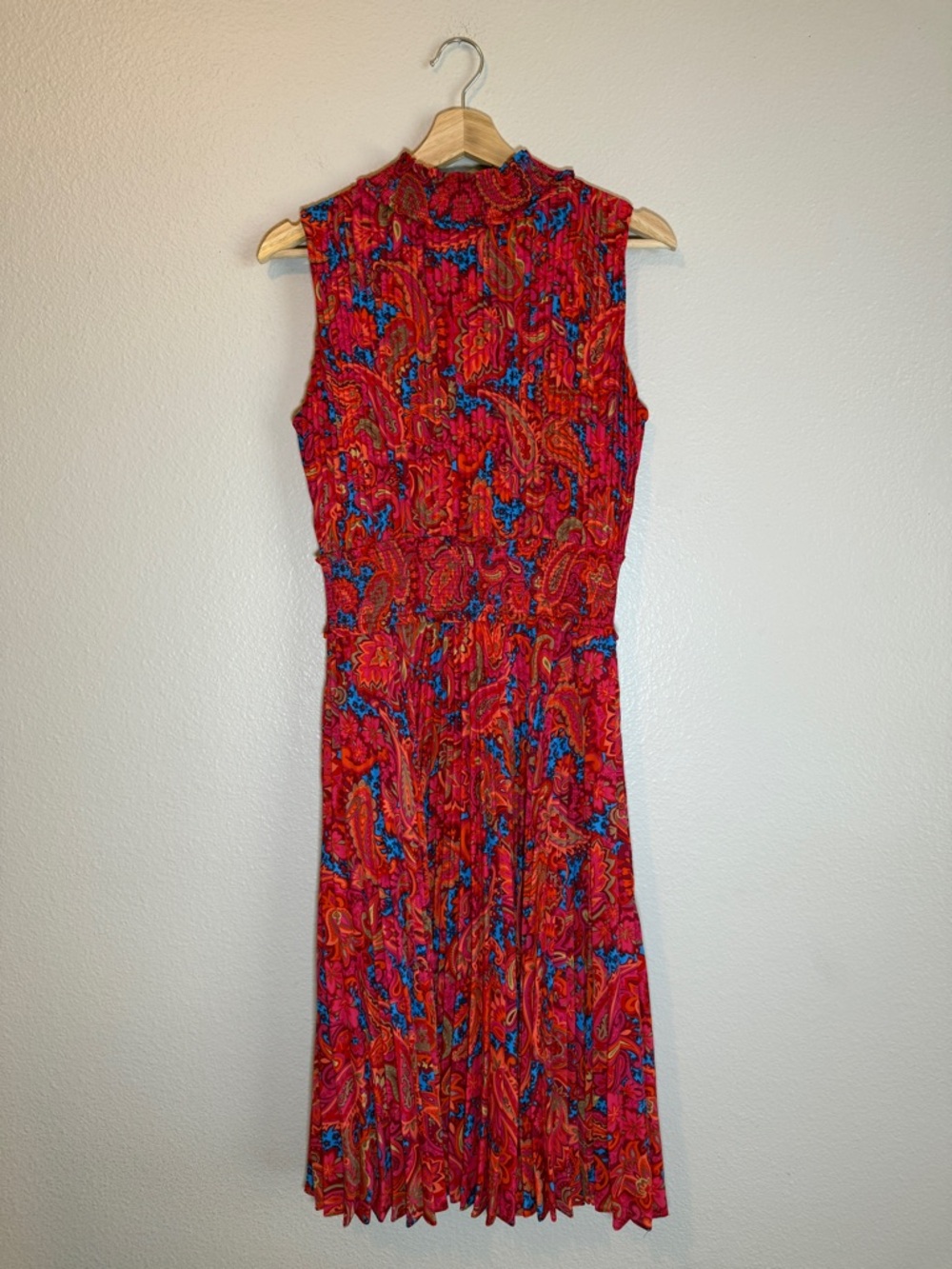 Nanette Lepore Paisley Pleated Red Dress SZ 10 Smocked Waist Sleeveless Boho